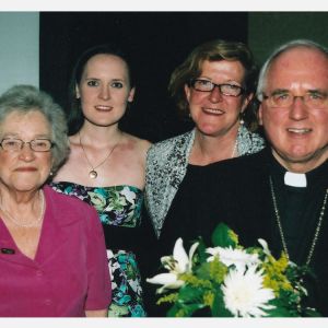 Birthright co-president Mary Berney (daughter of the founder), Victoria Fox (granddaughter) and co-president Louise R. Summerhill (daughter) and Ottawa Archbishop Terrence Prendergast at the Birthright Convention in Ottawa last June.