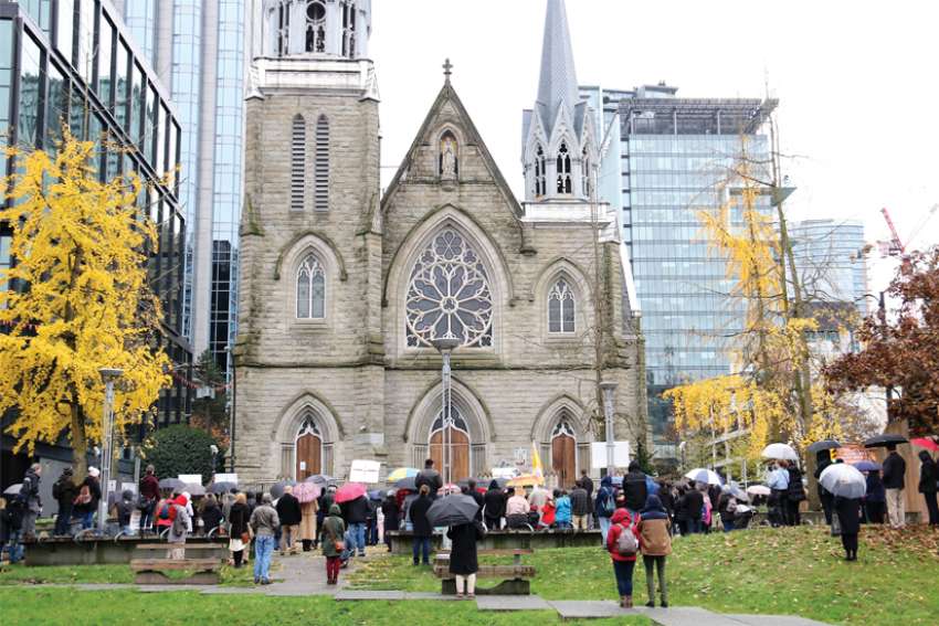 Through word of mouth and social media, about 150 people gathered outside Vancouver’s Holy Rosary Cathedral on Nov. 22 to pray for the re-opening of churches to public worship, three days after the province closed places of worship because of rising COVID-19 numbers.