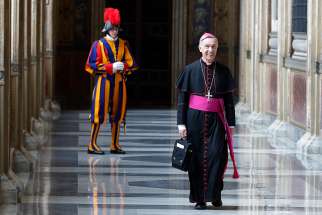 Archbishop Luis Ladaria Ferrer, prefect of the Congregation for the Doctrine of the Faith, arrives for a meeting with Pope Francis in the Apostolic Palace at the Vatican May 11. 