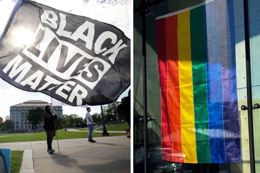This is a composite photo of Black Lives Matter and gay pride flags.