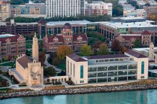 An aerial view of the Lake Shore campus of Loyola University Chicago is seen in this Oct. 28, 2019, photo. Catholic colleges and universities throughout the U.S. report struggles resulting from the coronavirus pandemic&#039;s economic hit.