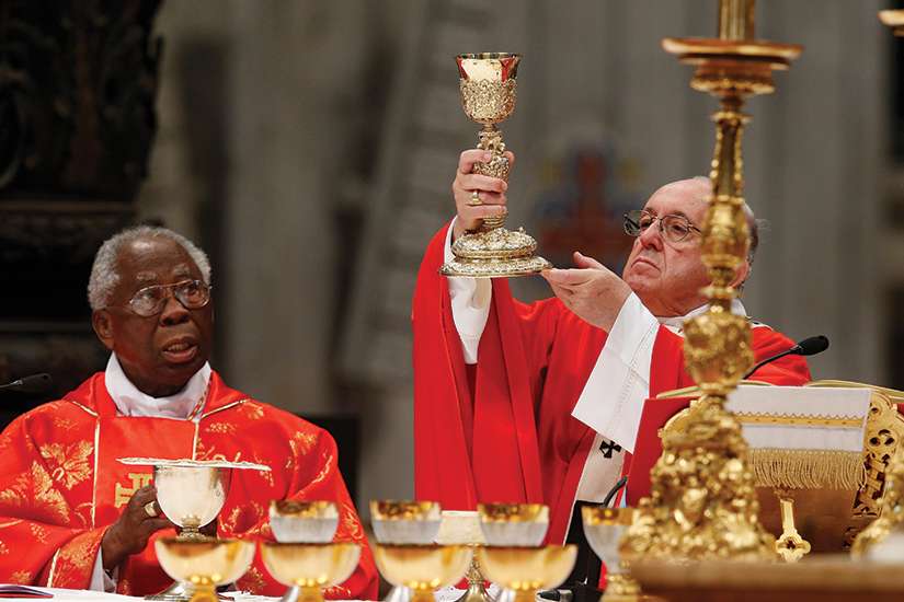 Nigerian Cardinal Francis Arinze and Pope Francis concelebrate Mass May 20. 