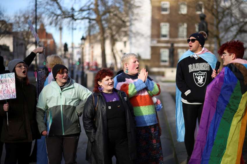 Transgender rights supporters protest in favour of Scottish gender reform bill outside Downing Street in London Jan. 17, 2023. A spokesman for Scotland&#039;s Catholic Church has welcomed the British government&#039;s veto of legislation allowing teenagers to change their sex in legal documentation via a simple self-declaration, and criticized Scottish politicians&#039; &quot;obsession with gender politics.&quot;