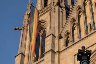 A LGBTQ flag hangs on St. Paul&#039;s Church in Munich 13, 2022.