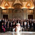 Pope Benedict XVI poses with members of the Vatican&#039;s diplomatic corps during a meeting in the Sala Regia at the Vatican Jan. 7. The pope told foreign ambassadors that peace-building requires charity, religious liberty, and a proper understanding of huma n rights and openness to divine love.