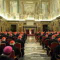 Pope Benedict XVI addresses the College of Cardinals at the Vatican Feb. 28, the final day of his papacy. In attendance were 144 cardinals, including many of the 115 younger than 80 who are eligible and expected to vote in the upcoming conclave.