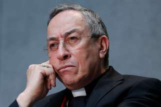 Cardinal Oscar Rodriguez Maradiaga of Tegucigalpa attends a press conference to introduce the work of the general assembly of Caritas Internationalis at the Vatican May 2015.