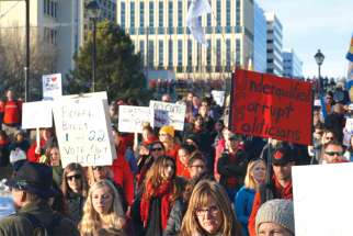 More than 2,000 people demonstrated against the UCP’s 2020 budget on Feb. 27. The budget may result in more than 1,400 job losses in the public sector over the next year.