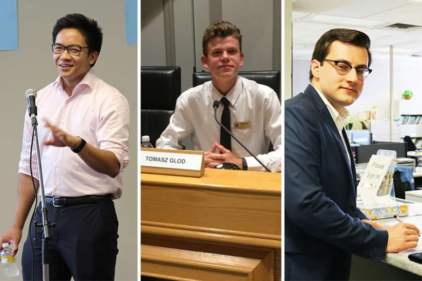 Enrique Olivo, 22, is running to become Ward 12 trustee at Toronto Catholic District School Board; Tomasz Glod, 19, is a trustee candidate for Dufferin-Peel Catholic District School Board; Steven Travale, 20, a trustee candidate for Bruce-Grey Catholic District School Board in Hanover, Ont.