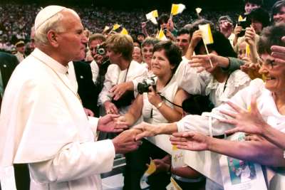 Pope John Paul II greets the crowd at B.C. Place in Vancouver on Sept. 18, 1984. He was given an enthusiastic reception at every stop on his 12-day tour.