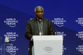 Ghanaian Cardinal Peter Turkson, prefect of the Dicastery for Promoting Integral Human Development, speaks Jan. 22 during the opening session of the World Economic Forum in Davos, Switzerland.