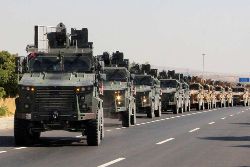 A Turkish milItary convoy is pictured in Kilis near the Turkish-Syrian border Oct. 9, 2019. Turkish warplanes have begun attacking northeastern Syria, causing widespread panic among Christian and other religious communities caught up in the aerial bombardments.