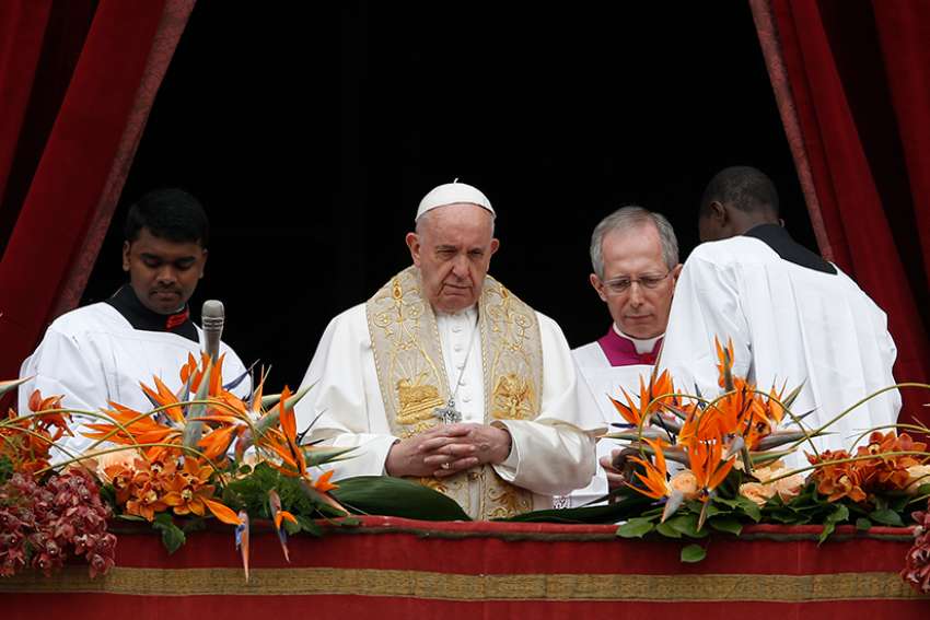 Pope Francis is pictured after delivering his Easter message and blessing &quot;urbi et orbi&quot; (to the city and the world) from the central balcony of St. Peter&#039;s Basilica at the Vatican April 21, 2019. That day he prayed for Burkina Faso, and on May 13 he expressed his closeness to and prayers for the victims of a May 12 shooting at a Catholic Church there. 