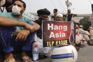 Men protest in Lahore, Pakistan, Oct. 31, after the Supreme Court acquitted Asia Bibi, a Catholic accused of blasphemy.