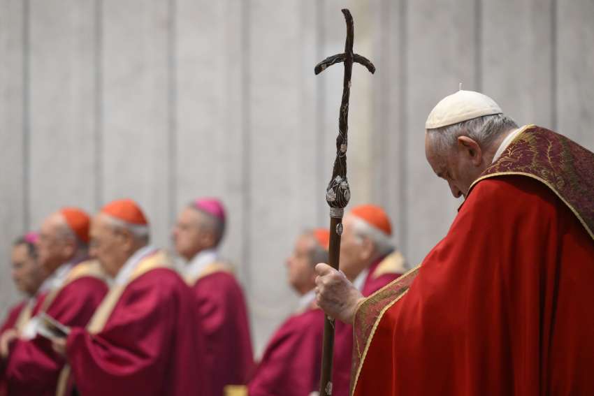 Pope Francis, cardinals and bishops pray during a Mass in St. Peter&#039;s Basilica at the Vatican in this file photo from Nov. 2, 2022. As of June 2, 2023, two-thirds of the members of the College of Cardinals who are under the age of 80 and eligible to vote in a conclave to elect a new pope are cardinals created by Pope Francis.