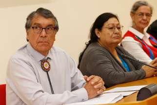 Rodney Bordeaux, president of the Rosebud Sioux Tribe, Rita Means, tribal council representative of the same tribe, and Sister Priscilla Solomon, a member of the Ojibway people and of the Sisters of St. Joseph of Sault Ste. Marie, attend a news conference with a delegation of indigenous leaders from North America in Rome Oct. 17, 2019. Members of the delegation spoke about their own challenges and connections to indigenous people from South America who are meeting at the Synod of Bishops for the Amazon.