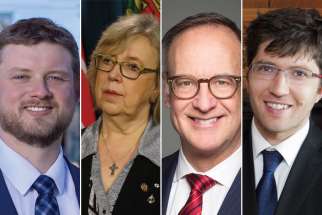 NDP MP Daniel Blaikie, left, and Green Party MP Elizabeth May, second from left, are the co-chairs of the new Parliamentary all-party interfaith caucus. Liberal Rob Oliphant, thrid from left, and Conservative Garnett Genuis are also on the executive.