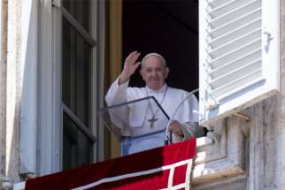 Pope Francis leads the Angelus from the window of his studio overlooking St. Peter&#039;s Square at the Vatican June 21, 2020.