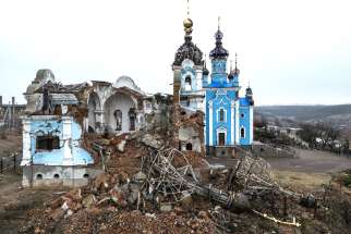 A church destroyed by a Russian attack on the village of Bohorodychne in Ukraine’s Donetsk region is pictured Feb. 13.