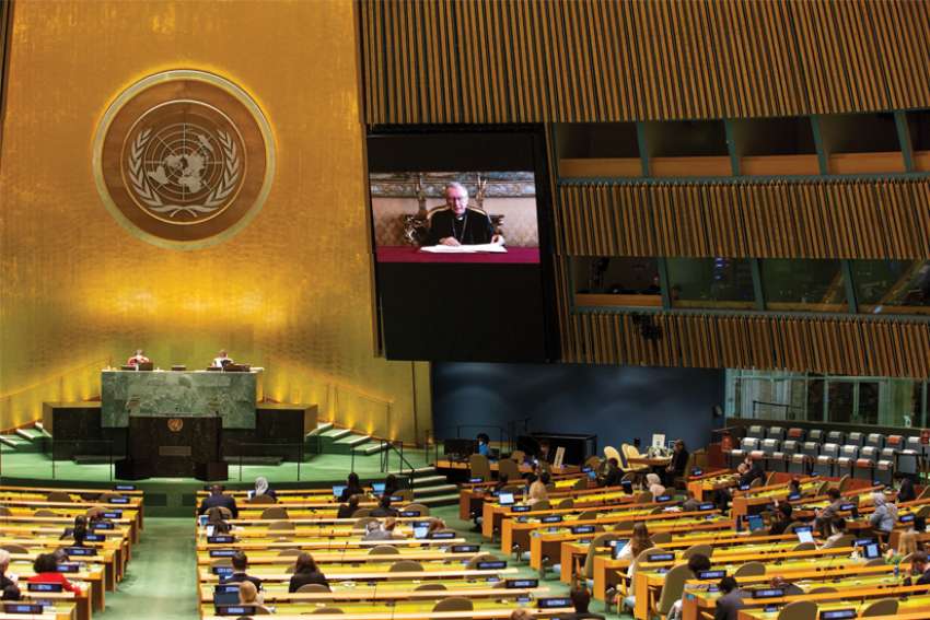 Cardinal Pietro Parolin, Vatican secretary of state, virtually addresses the 76th session of the UN General Assembly Sept. 25.