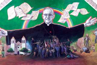 A mural of Salvadoran Archbishop Oscar Romero is seen in 2012 at the Columban Mission Centre in El Paso, Texas. Archbishop Romero, who will be beatified in San Salvador May 23, has become a symbol of Latin American Church leaders’ efforts to protect their flocks from the abuses of military dictatorships. 