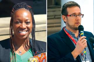 Obianuju Ekeocha, founder and president of Culture of Life Africa, in Ottawa in 2016, left, and Matthew Wojciechowski, project manager and UN expert at Campaign Life Coalition. 