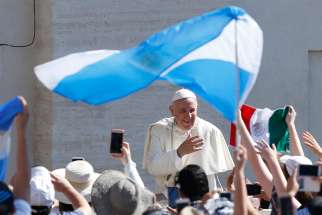 Argentina&#039;s flag is seen as Pope Francis greets the crowd during his general audience in St. Peter&#039;s Square at the Vatican June 27.