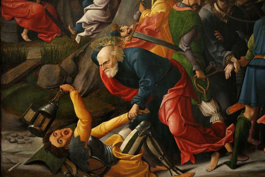 Peter, being armed with a sword, cuts off the servant’s ear in an attempt to prevent the arrest of Jesus in Grégoire Guérard’s The Capture of Jesus.