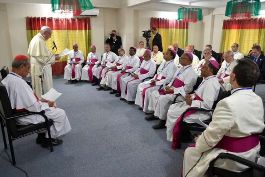 Pope Francis met with the 12 Bangladeshi bishops at a home for elderly priests in the afternoon of his second day in the south Asian country. It was part of his Nov. 27-Dec. 2 pastoral visit to the countries of Burma, also known as Myanmar, and Bangladesh.