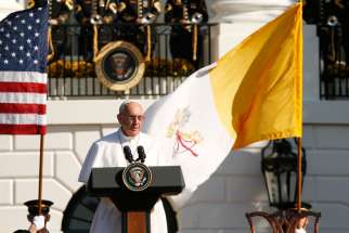 Pope Francis speaks during a ceremony with U.S. President Barack Obama on the South Lawn of the White House in Washington Sept. 23.