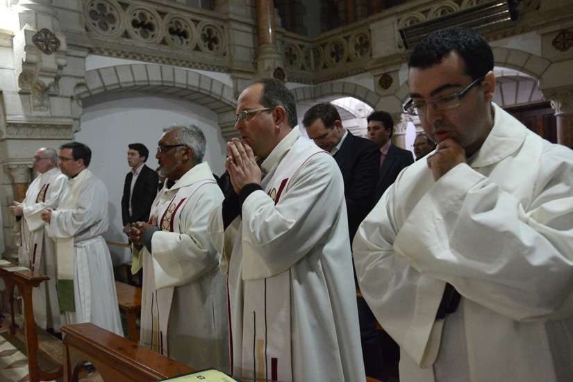 Bishops from around the world pray during a Jan. 12 Mass at the Carmelite Monastery in Bethlehem, West Bank. 