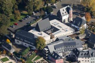 An aerial view shows the ensemble of the bishop’s residence in Limburg, Germany. Catholic Bishop Franz-Peter Tebartz-van Elst ordered the luxury residence and office.