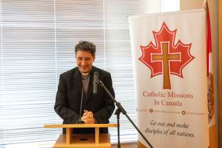 Toronto’s Archbishop Francis Leo, the new Apostolic Chancellor of Catholic Missions In Canada, speaks during a special luncheon May 25 following CMIC’s annual St. Philip Neri Mass.