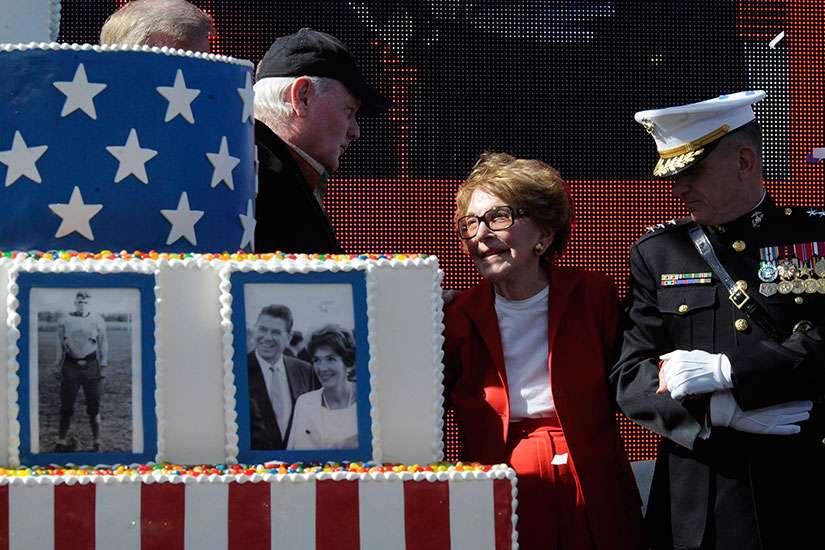 Former first lady Nancy Reagan celebrates what would have been U.S. President Ronald Reagan&#039;s 100th birthday in Simi Valley, Calif., in this Feb. 6, 2011 file photo.
