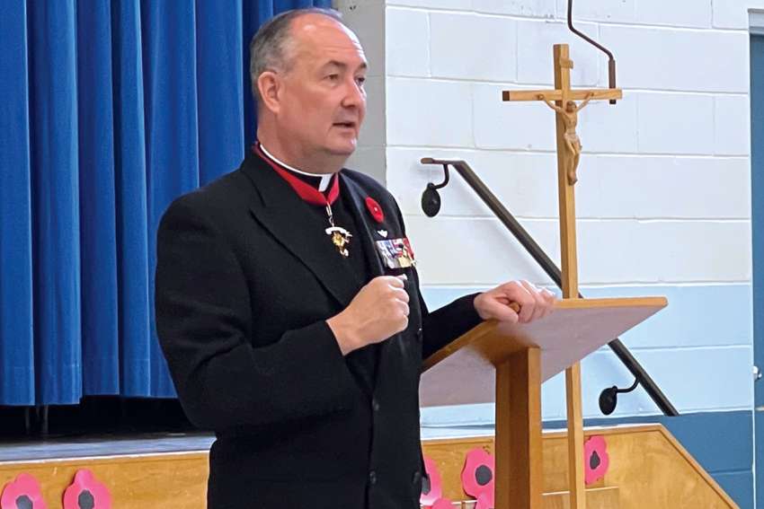 Fr. Timothy Nelligan, seen here speaking at Ottawa’s Maryvale Academy. 