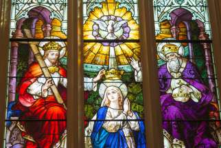 All the cathedral’s stained-glass windows were painstakingly restored, including this window depicting the Crowning of Mary.