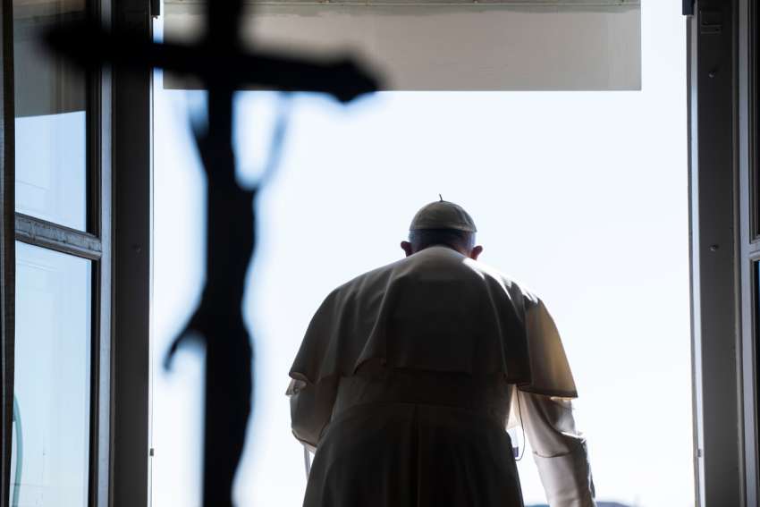 Pope Francis leads the Angelus from the window of his studio overlooking St. Peter&#039;s Square at the Vatican Jan. 29, 2023.