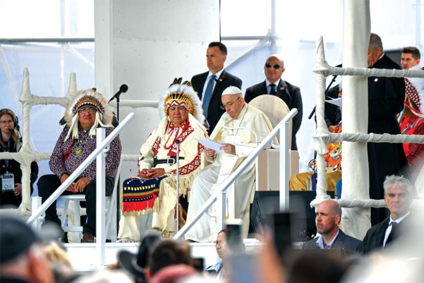 Pope Francis delivers his apology to Canada’s Indigenous peoples in Maskwacis, Alta.