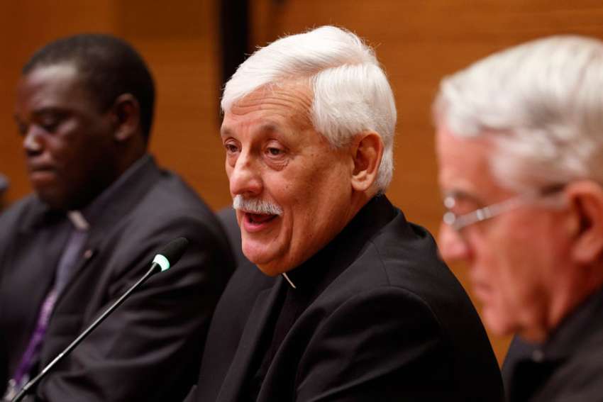 Jesuit Father Arturo Sosa Abascal, the new superior general of the Jesuits, speaks at a press conference in Rome Oct. 18. Also pictured are Jesuit Father Patrick Mulemi, director of the Jesuits&#039; Rome communications office, and Jesuit Father Federico Lombardi, former Vatican spokesman.